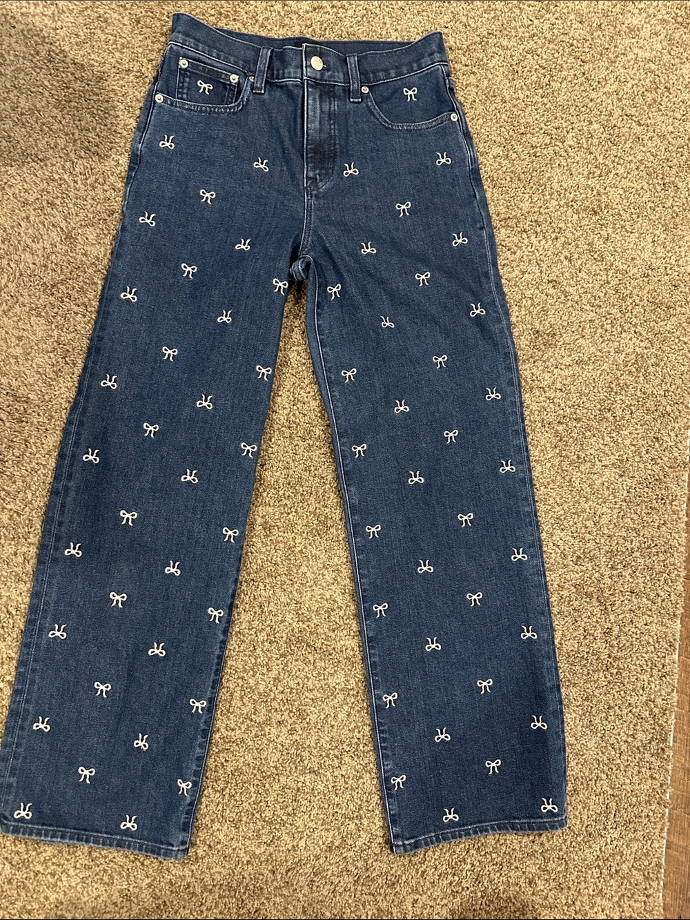 J. Crew Dark Blue Straight-Leg Jeans with White Bow Embroidery